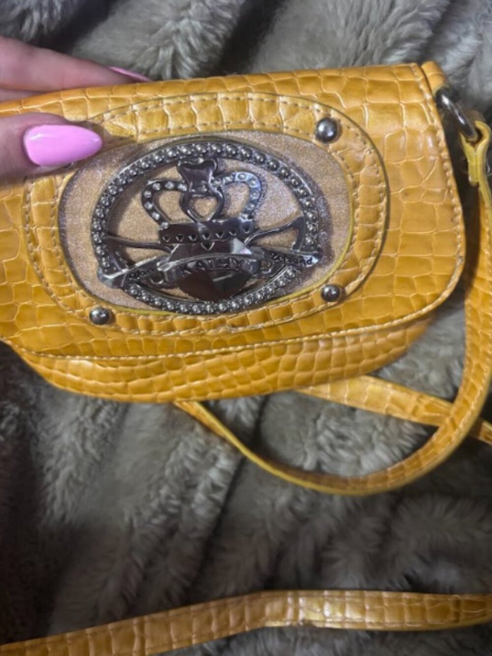 Vintage Y2K Kathy Van Zeeland Yellow Croc Embossed Mini Crossbody Bag